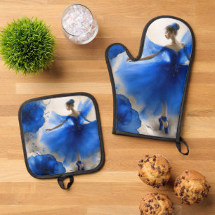 Elegant Whirl Ballet in Indigo blue Oven Mitt & Pot Holder Set