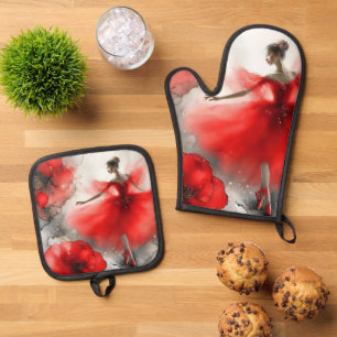 Elegant Whirl Ballet in Red Oven Mitt & Pot Holder Set