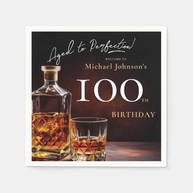 Elegant Whiskey Black Gold 100th Birthday Party Napkin (Front)