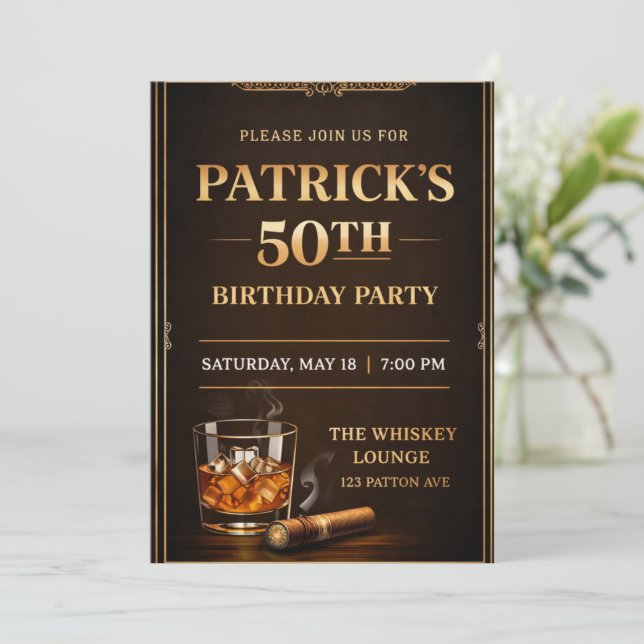 Elegant Whiskey Theme Party Invite, Black & Gold  Invitation (Standing Front)