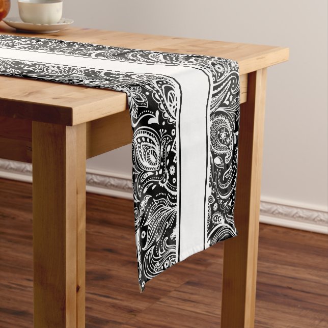 Elegant Whit And Black Floral Paisley & Stripes Short Table Runner (In Situ)