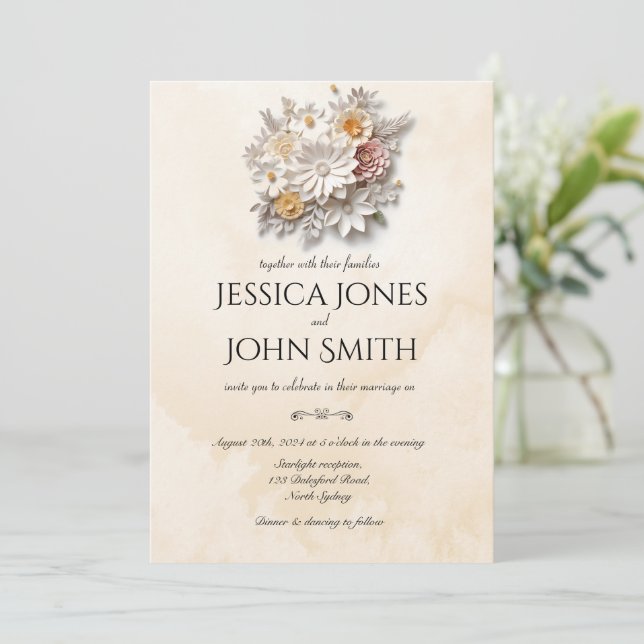 Elegant white 3D floral minimal wedding invitation (Standing Front)