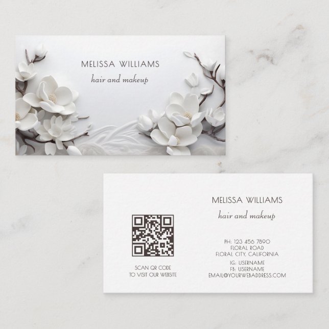 Elegant White 3D Magnolia Business Card (Front/Back)