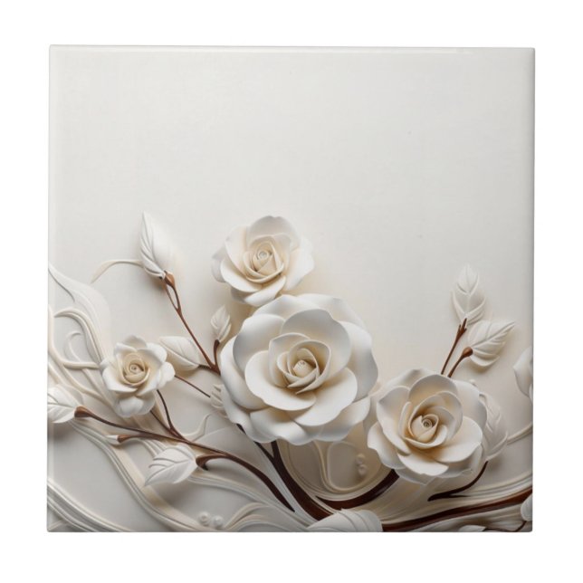 Elegant White 3D Roses Tile (Front)