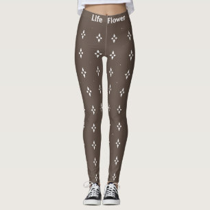 Elegant White Abstract Flower on Brown Leggings