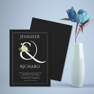 Elegant white ampersand, white rose black wedding invitation