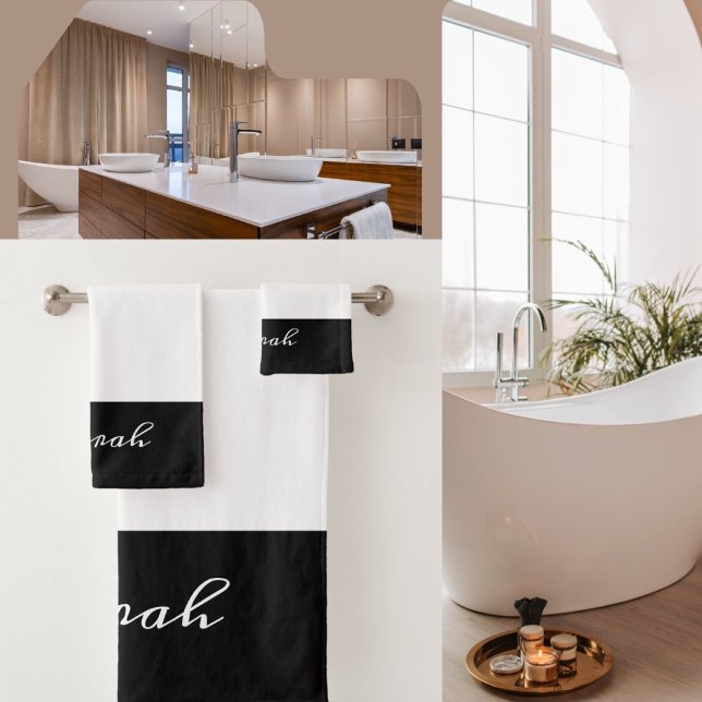 Elegant White and Black Calligraphy Name Bathroom Bath Towel Set (Black and White Script Name Towel.)