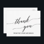 Elegant White and Black Calligraphy Thank You Postcard<br><div class="desc">This elegant white and black calligraphy thank you postcard is perfect for a simple wedding. The neutral design features a minimalist postcard decorated with romantic and whimsical typography. Personalise the front of the card with a short message. Personalise the back with a longer thank you message. Alternatively, leave the thank...</div>