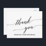 Elegant White and Black Calligraphy Thank You Postcard<br><div class="desc">This elegant white and black calligraphy thank you postcard is perfect for a simple wedding. The neutral design features a minimalist postcard decorated with romantic and whimsical typography. Personalise the front of the card with a short message. Personalise the back with a longer thank you message. Alternatively, leave the thank...</div>