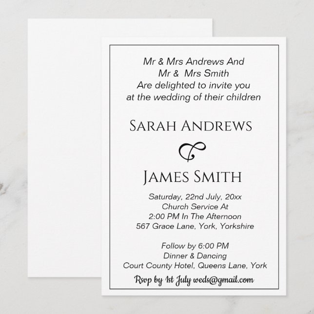 Elegant  White and Black Calligraphy Wedding Invitation (Front/Back)