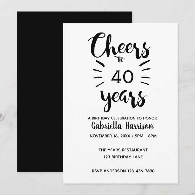 Elegant White and Black Cheers to 40th Birthday Invitation (Front/Back)