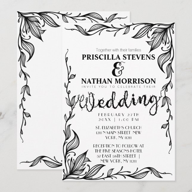 Elegant White and Black Drawn Floral Vine Wedding Invitation (Front/Back)