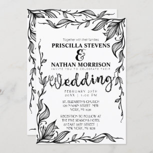 Elegant White and Black Drawn Floral Vine Wedding Invitation