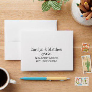 Elegant White and Black Flourish Wedding RSVP Envelope