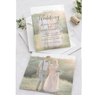 Elegant White and Black Gold Border Photo Wedding Invitation