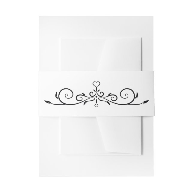 Elegant White and Black Heart Flourish Wedding Invitation Belly Band (Front Example)