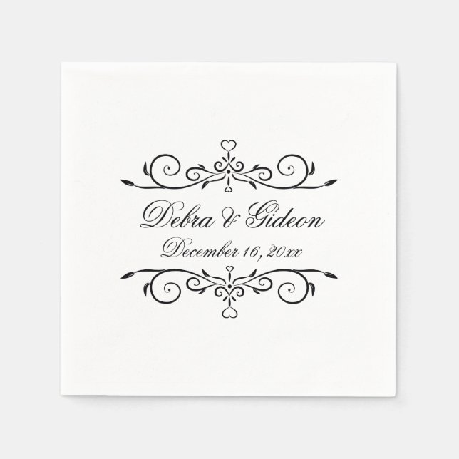 Elegant White and Black Heart Flourish Wedding Napkin (Front)