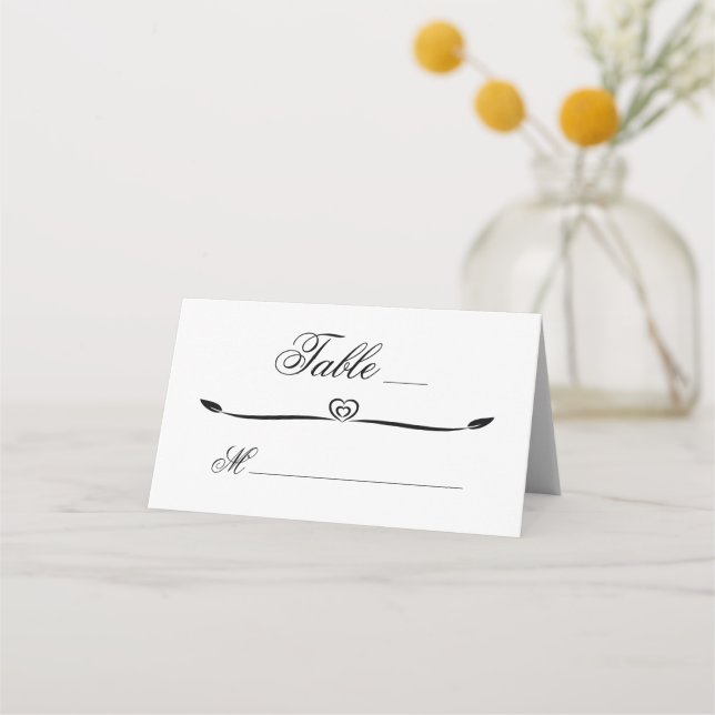 Elegant White and Black Heart Flourish Wedding Place Card (Front)