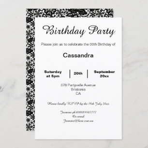 ELEGANT WHITE AND BLACK LACE BIRTHDAY PARTY BLACK INVITATION