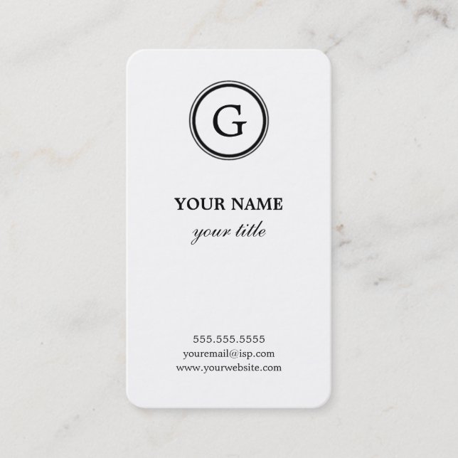 Elegant White and Black Monogram Business Cards (Front)