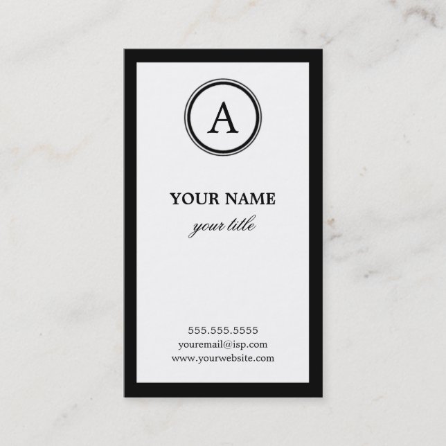 Elegant White and Black Monogram Business Cards (Front)