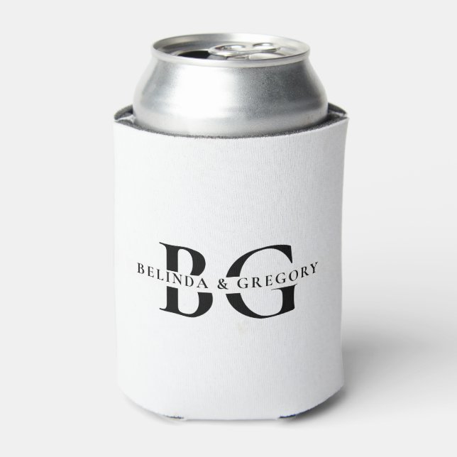 Elegant White and Black Monogram Initials Wedding Can Cooler (Can Front)