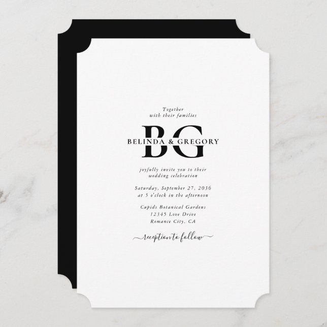 Elegant White and Black Monogram Initials Wedding  Invitation (Front/Back)