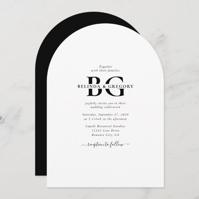 Elegant White and Black Monogram Initials Wedding  Invitation (Front/Back)