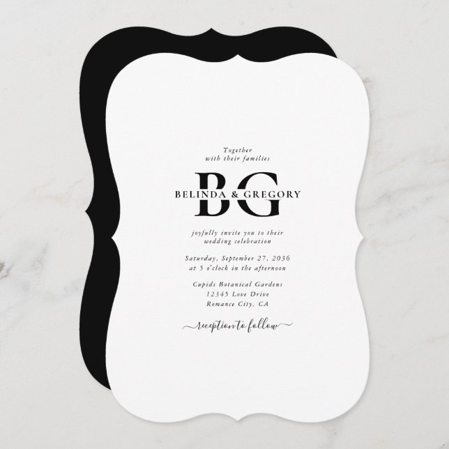 Elegant White and Black Monogram Initials Wedding  Invitation (Front/Back)