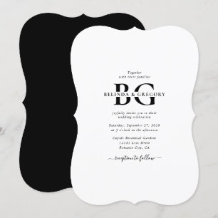 Elegant White and Black Monogram Initials Wedding  Invitation