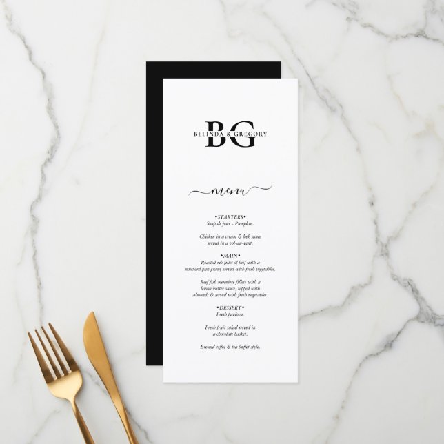 Elegant White and Black Monogram Initials Wedding Menu (Front/Back In Situ)