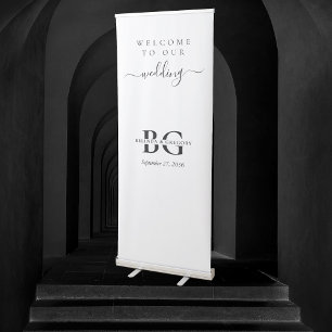 Elegant White and Black Monogram Initials Wedding Retractable Banner