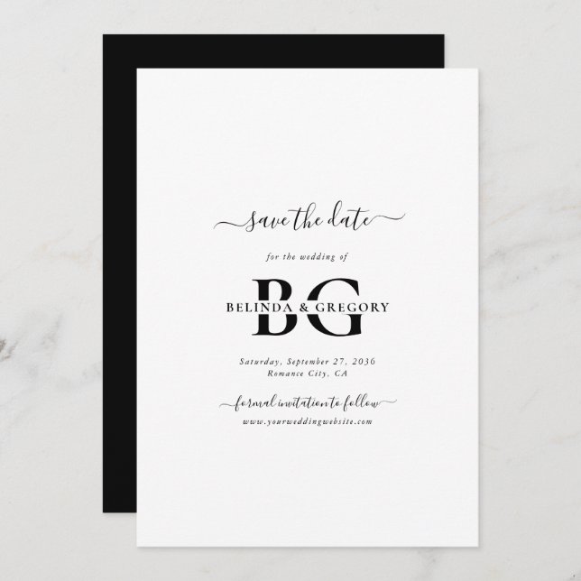 Elegant White and Black Monogram Initials Wedding Save The Date (Front/Back)