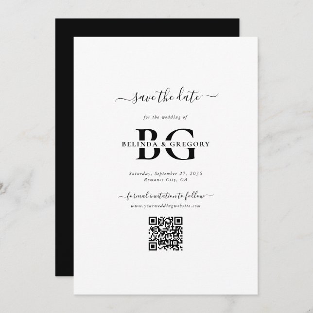 Elegant White and Black Monogram Initials Wedding Save The Date (Front/Back)