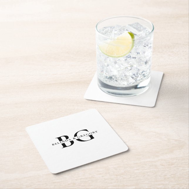 Elegant White and Black Monogram Initials Wedding Square Paper Coaster (Insitu)