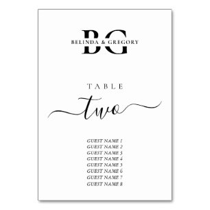 Elegant White and Black Monogram Initials Wedding Table Number