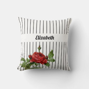 Elegant White and Black Pinstripe Roses and Name Cushion