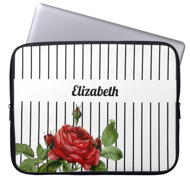 Elegant White and Black Pinstripe Roses and Name Laptop Sleeve (Front)