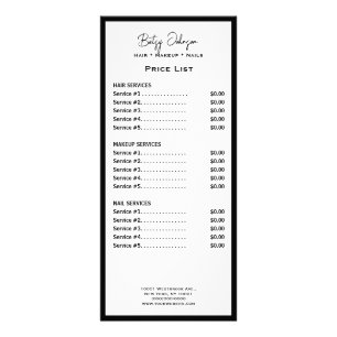 Elegant White and Black Price List Rack Card