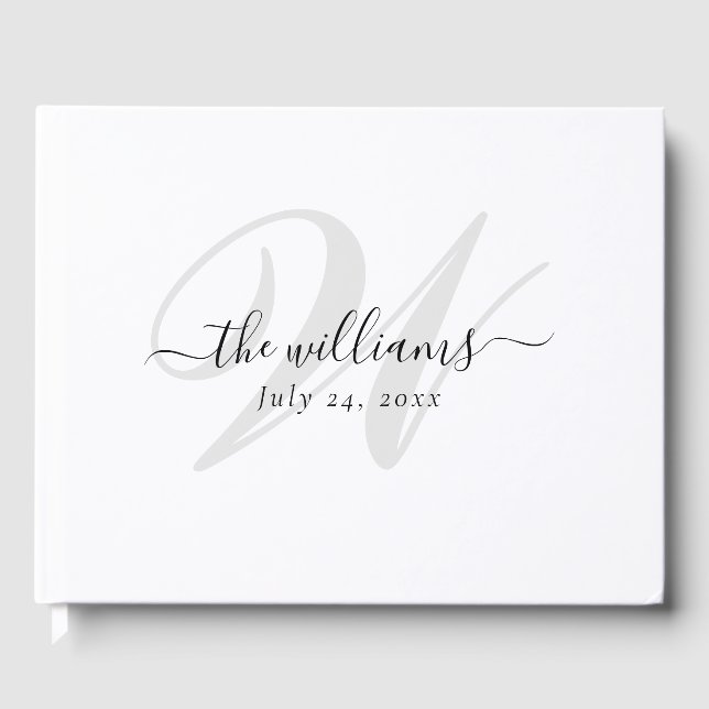 Elegant White and Black Script Monogram Wedding Guest Book (Front)