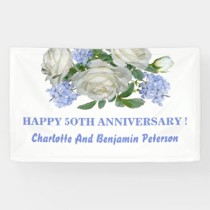Elegant White And Blue Floral 50th Anniversary Banner