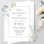 Elegant White and Blue Floral and Greenery Wedding Invitation<br><div class="desc">Delight your guests with this beautiful wedding invitation with exquisite watercolor flowers and greenery encasing golden frame showcasing your wedding details. Modern hand written calligraphy elements . Ability to change "together with their parents" introduction to "together with their families", "together with great joy" or "together with great pleasure". Floral and...</div>