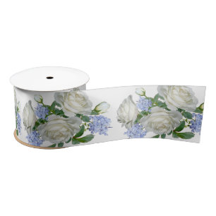 Elegant White And Blue Floral Pattern Satin Ribbon