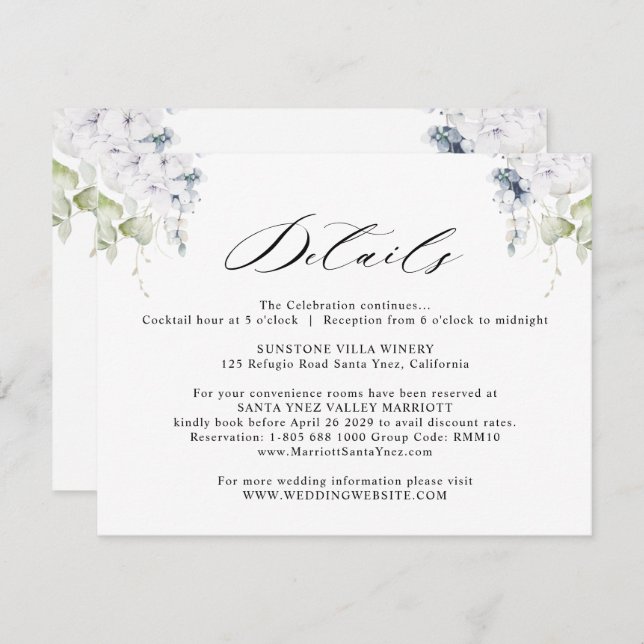 Elegant White and Blue Floral Wedding Details Enclosure Card (Front/Back)