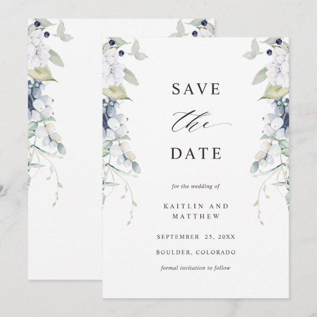  Elegant White and Blue Floral Wedding Save The Date (Front/Back)