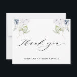 Elegant White and Blue Floral Wedding Thank You Card<br><div class="desc">Thank your guests with a beautiful custom thank you card. Design with elegant watercolor greenery and flowers in a beautiful blend of white, blue and green hues. Ability to add your name(s) on bottom front area. Back in blank where you can hand write or print here any message you like....</div>