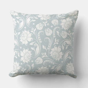 Elegant White And Blue-Gray Floral Damask Cushion