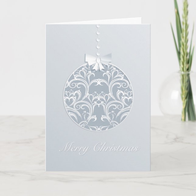 Elegant White And Blue-Grey Christmas Ornament Holiday Card (Front)