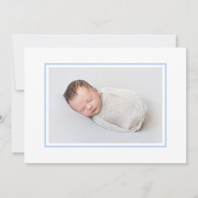 Elegant White and Blue Photo Birth  Announcement (Front)