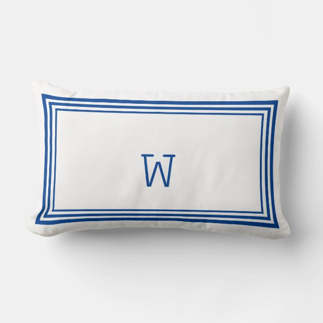 Elegant White and Blue Stripe Border Monogram Lumbar Cushion (Front)